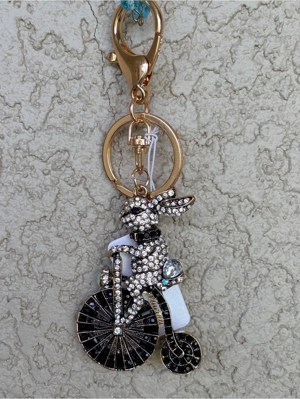 Adorable Crystal Bunny on a Vintage Bicycle Keychain